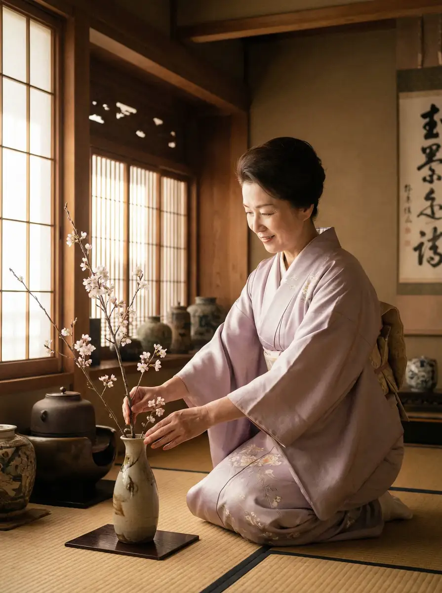 一位优雅的 里番库 在和室中插花